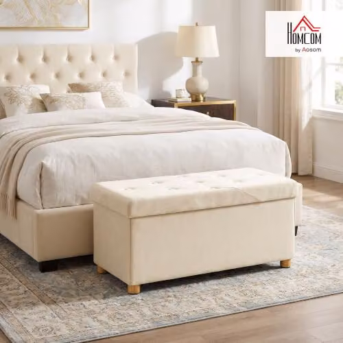 HOMCOM Velvet Storage Ottoman Bench with Wood Legs, Beige – 2