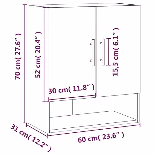 vidaXL Modern Wall Mounted Cabinet in Brown with Hinged Doors and Open Shelf, W/D/H: 60 x 31 x 70 cm – 3