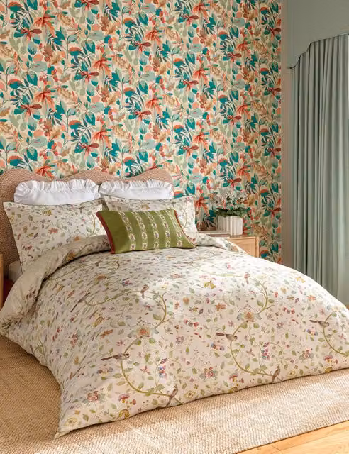 Sanderson Aril's Garden Floral Cotton Mako Sateen Bedding Set, Green Multicolour, W: 180 cm, L: 200 cm