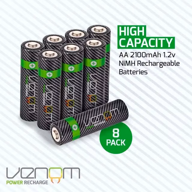 Venom Rechargeable AA Batteries, 2100mAh, Green and Black, Pack of 8