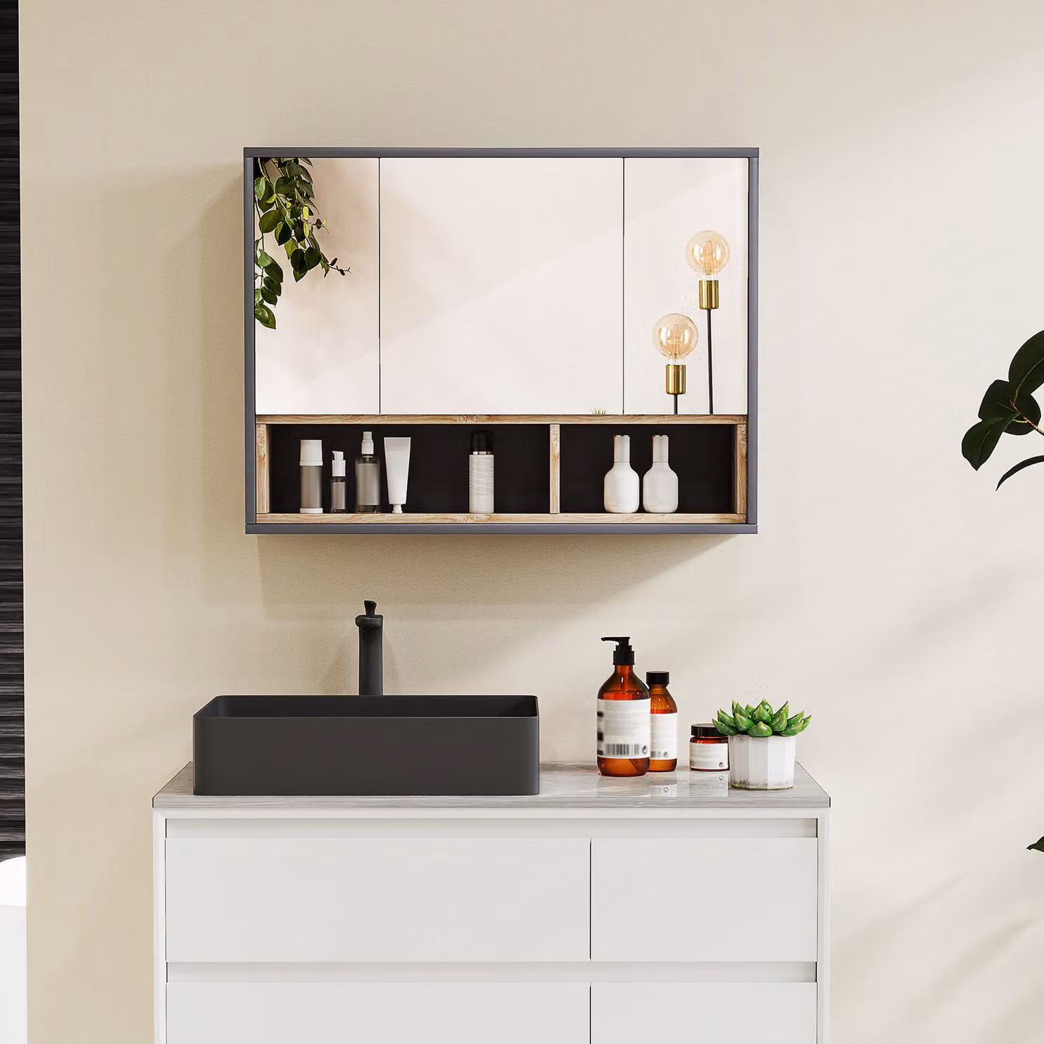 HOMCOM Grey Wall Mounted Bathroom Mirror Cabinet with 3 Hinged Doors and Cupboards – 2