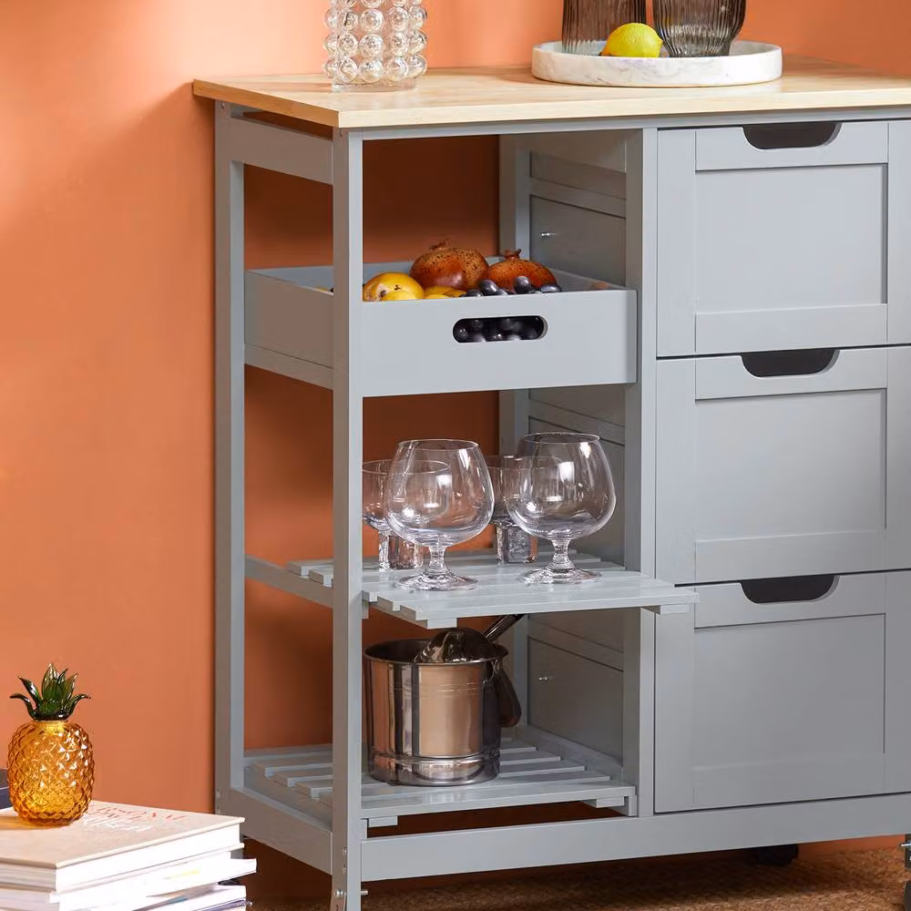 SoBuy Mobile Kitchen Trolley with 3 Drawers and Basket in Grey Country House Style – 3