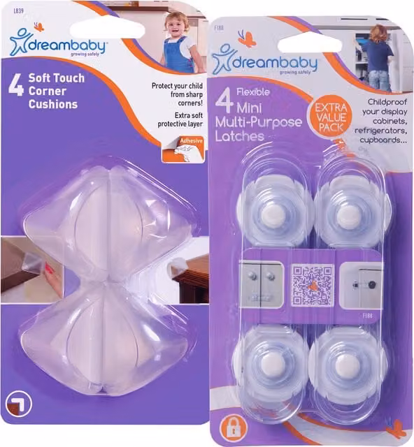 Dreambaby Self-Adhesive Corner Caps and Mini Latches Multipack in Purple and Transparent