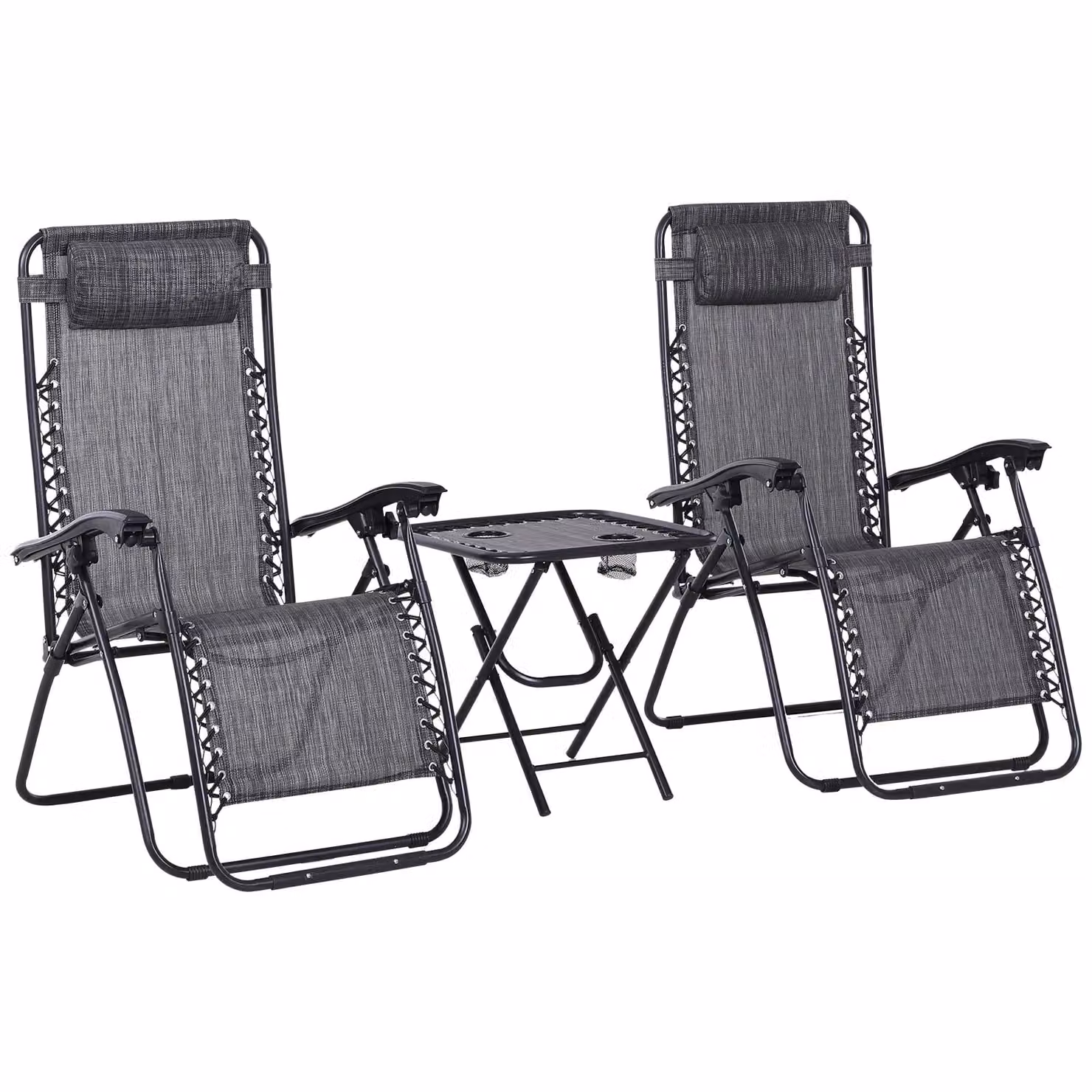 Outsunny 3-Piece Zero Gravity Folding Sun Lounger and Table Set in Light Grey with Adjustable Headrests and Cup Holders – 2