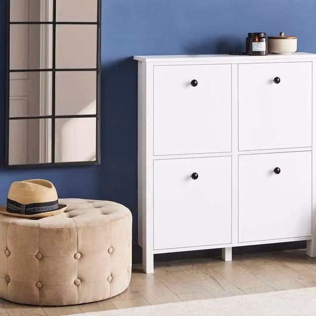 Wyld and Coco Modern White MDF Shoe Storage Cabinet with Tilting Compartments, W/D/H: 90 x 20 x 80 cm – 1
