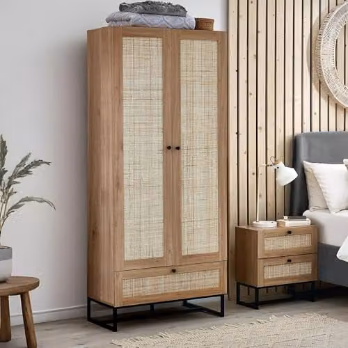Julian Bowen Padstow Rattan 2 Door 1 Drawer Wardrobe in Oak, H190 x W80 cm