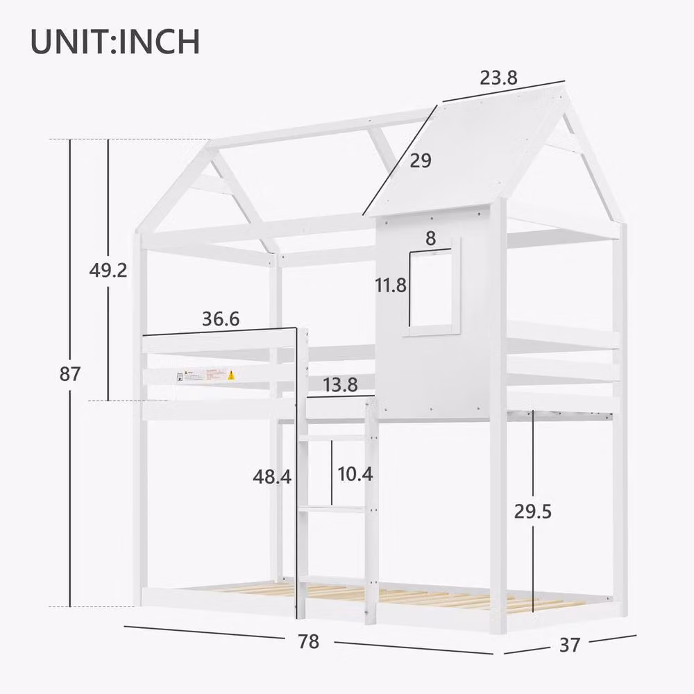 Rolipo White Solid Pine Kids Bunk Bed with House Frame, W/D/H: 90 x 190 cm – 2