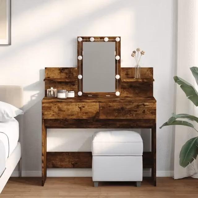 Berkfield Home Hollywood LED Dressing Table in Smoked Oak Brown, W/D/H: 100 x 40 x 130 cm – 1