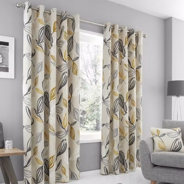 Fusion Ensley 100% Cotton Botanical Print Eyelet Curtains, Mustard, W: 229 cm, Drop: 183 cm
