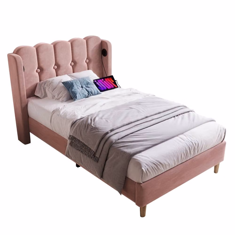Rolipo Pink Velvet Single Bed Frame with USB Charging, W: 90 cm, D: 190 cm – 2