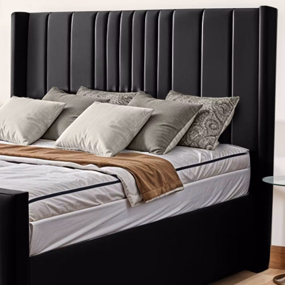 UK Bed Furniture Balmoral Wingback Upholstered Bed with 48 Inch Headboard and Slatted Base in Black, Double Size (140 x 200 cm) – 2