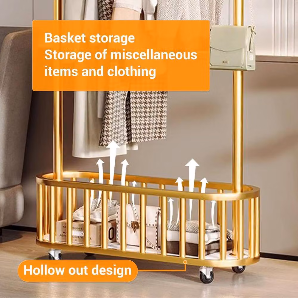 London Boutique Metal Rolling Clothes Rack with Shelf and Hooks in Gold – 2