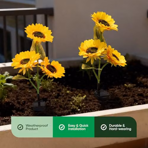 Gardenwize Solar Sunflower Stake Lights with 3 Flower Heads, Warm White LED Garden Ornaments in Yellow – 5