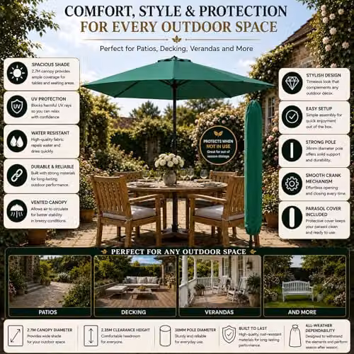 GlamHaus Green Garden Parasol Umbrella with UPF 40 Protection and Cover – 3