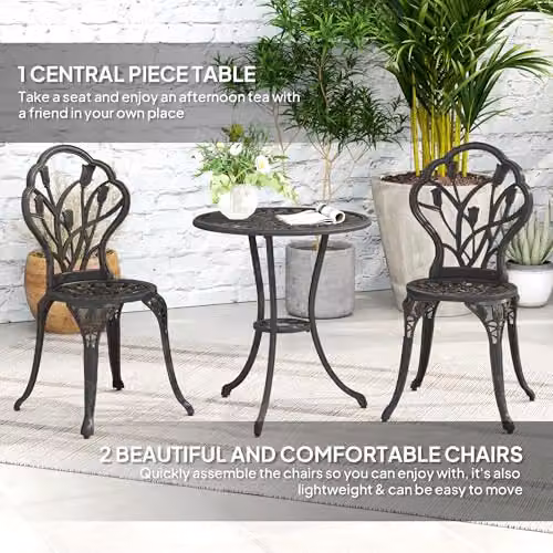 Outsunny 3 Piece Retro Metal Bistro Set in Matt Bronze for Garden, Balcony or Terrace – 3