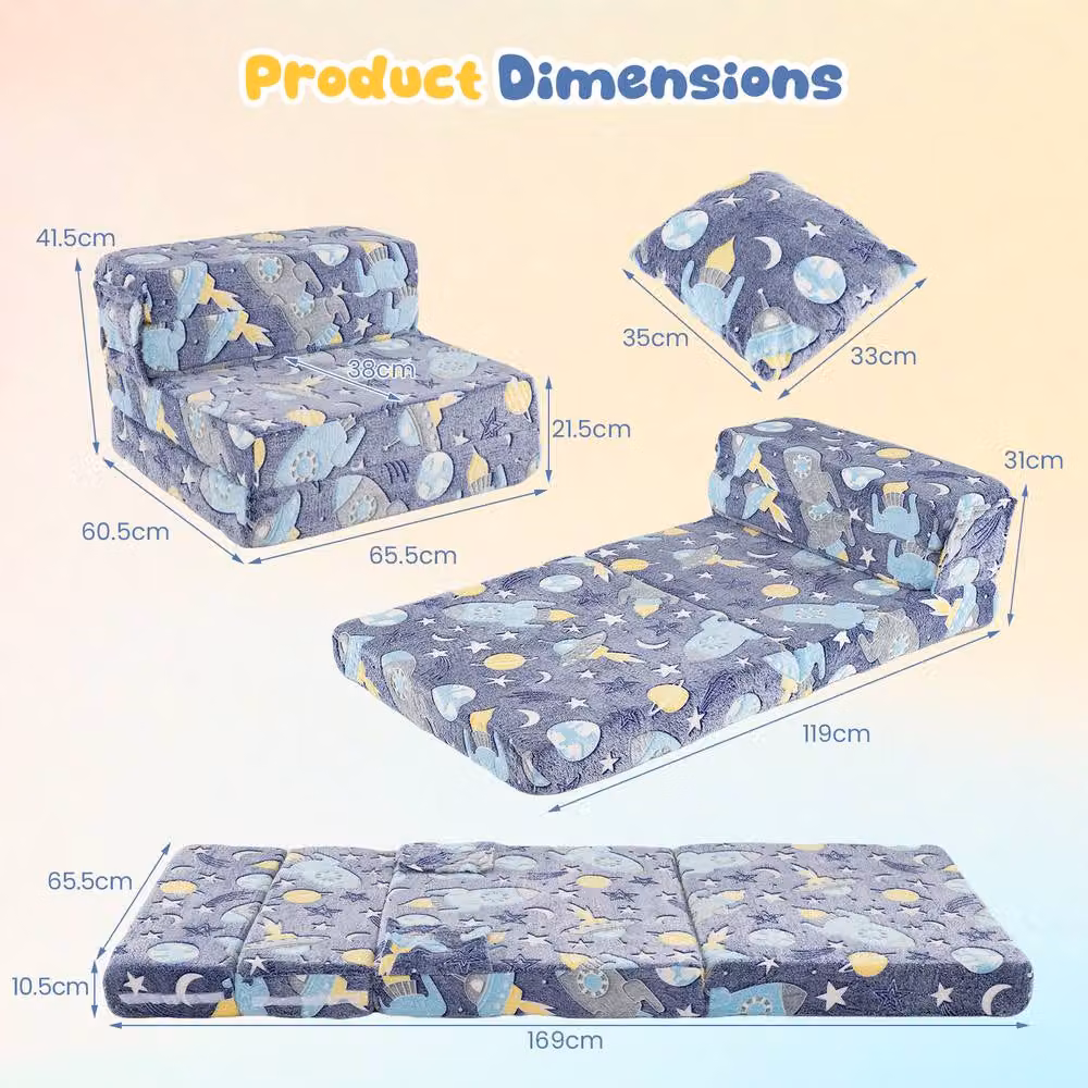 Costway Glow In the Dark 3-in-1 Fold Out Kids Sofa Bed with Zippered Covers, Navy Blue – 2