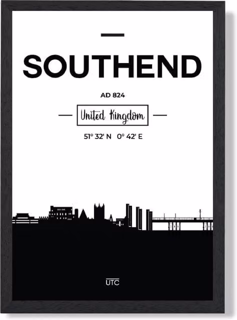 ARTZE Southend Black and White City Skyline Framed Photograph in Black Frame, A2 – 1