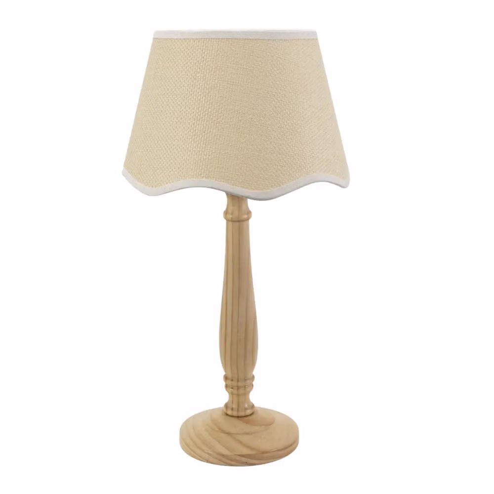 ValueLights Victoria Natural Wood Table Lamp with White Scallop Trim Fabric Shade and LED Bulb – 2