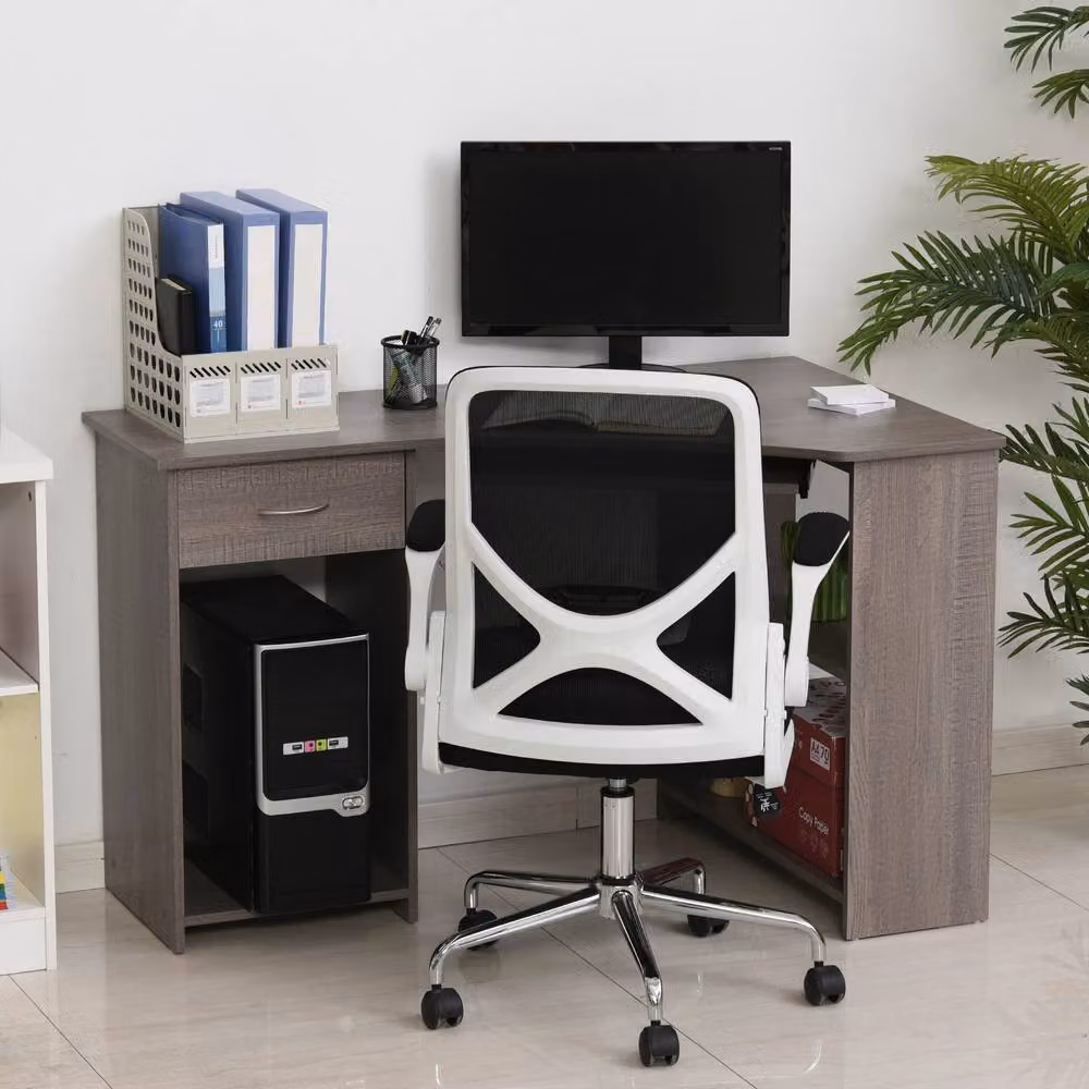 STILVORA L-Shaped Corner Desk in Grey with Shelves, Drawer and Keyboard Tray – 6
