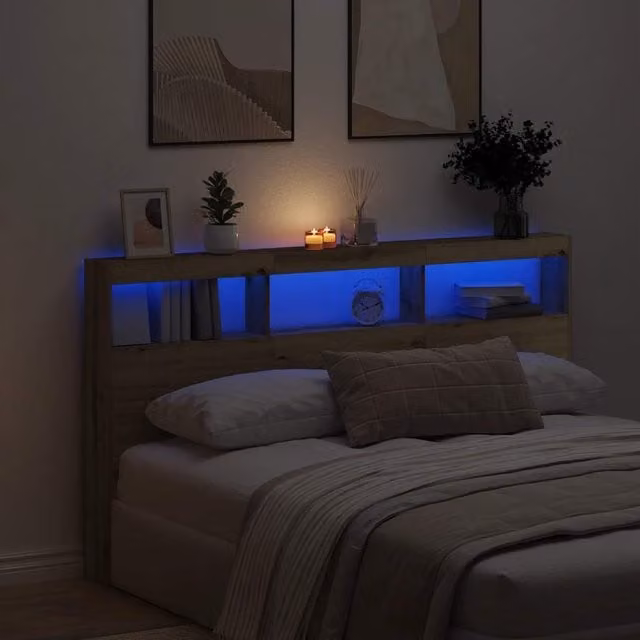 Berkfield Home Artisan Oak Headboard Cabinet with LED Lighting and USB Charging Port, Brown, W: 180 cm, D: 17 cm, H: 102 cm – 1