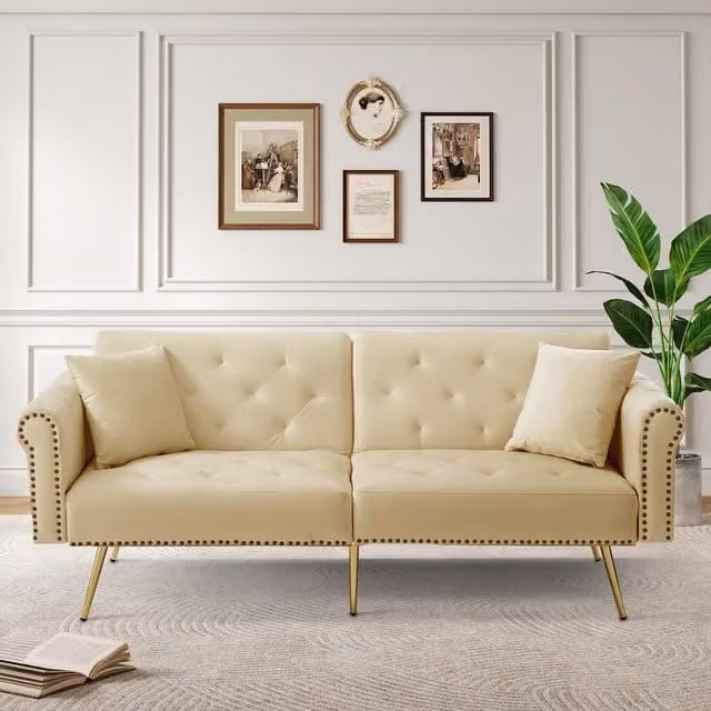 Aosom UK 2-Seater Modern Velvet Sofa Bed in Beige with Adjustable Headrests and Scatter Cushions, W/D/H: 177 x 74 x 71 cm
