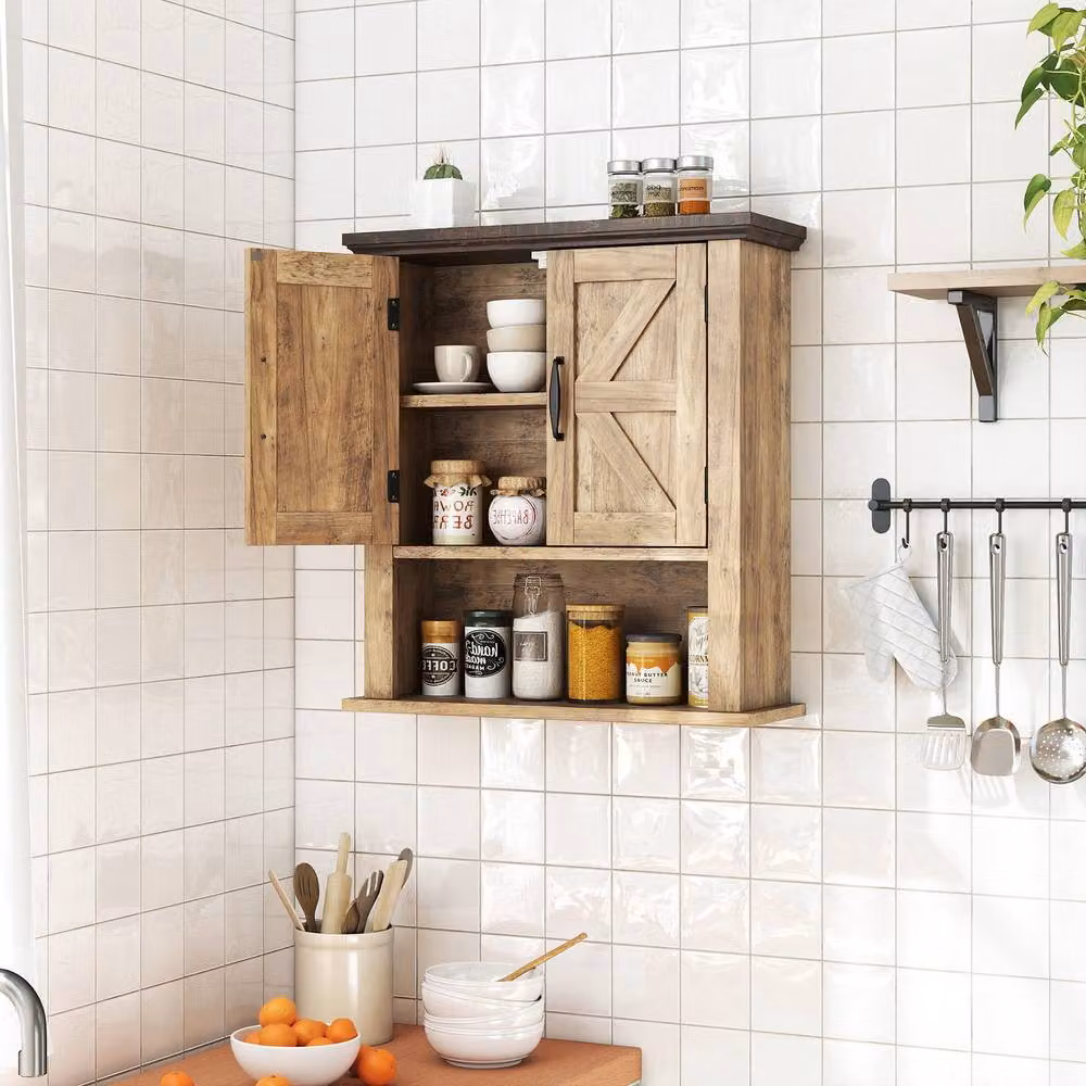 Gymax Farmhouse Wall Mounted Medicine Cabinet with Hinged Doors and Internal Shelves in Natural Brown and Sand Rustic Wood and Metal Design – 5