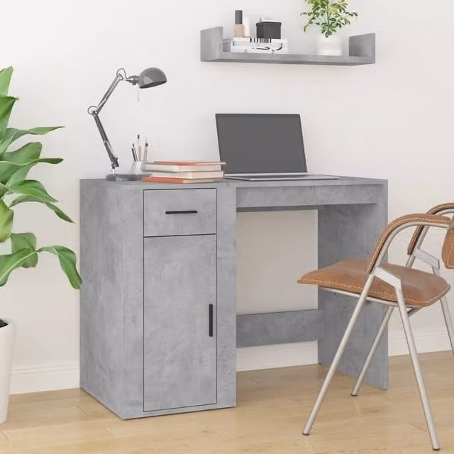 Berkfield Home Elegant Modern Desk with Office Cabinet in Concrete Grey Matt MDF – 1