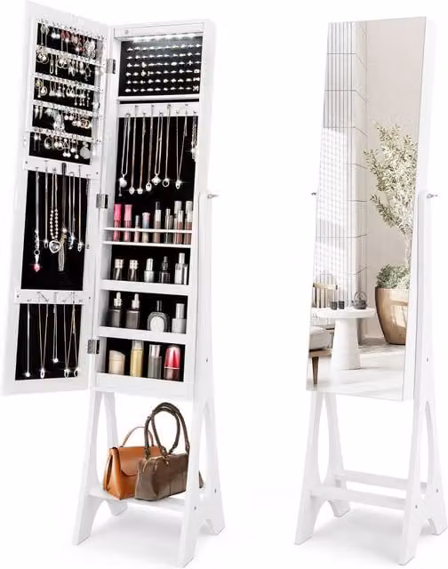 Costway Freestanding Full Length Mirror Jewelry Cabinet with Built-in LED Lighting in White