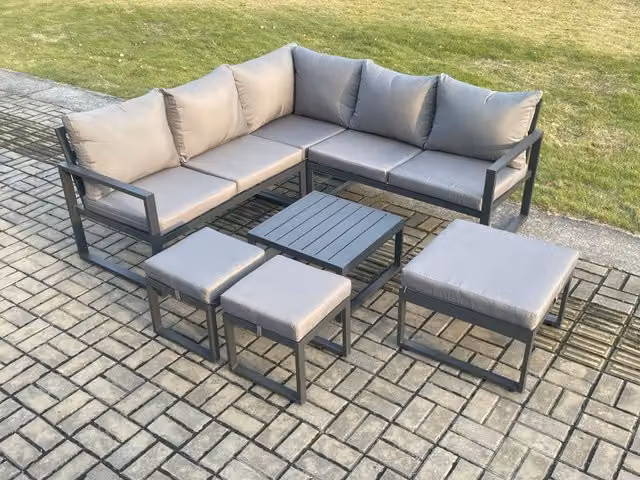 Fimous Dark Grey Aluminium Outdoor Garden Furniture Set with L-Shape Lounge Sofa, Square Coffee Table and 3 Footstools