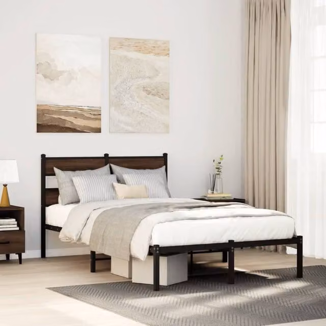 Berkfield Home Small Double Bed Frame with Headboard in Brown Oak, W/D/H: 120 x 200 cm