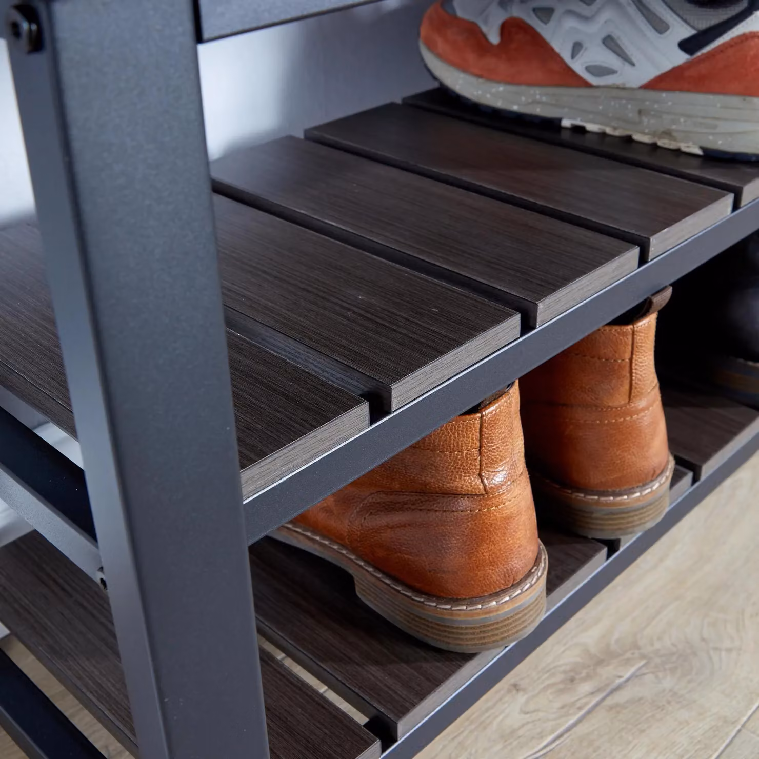Home Source Spalding Black Metal and Wood Shoe Bench with Two Storage Shelves W/D/H: 81 x 32 x 46 cm – 3