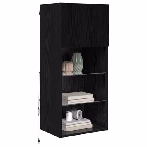 vidaXL Set of 2 Modern Wall-Mounted TV Cabinets in Black with Integrated Lighting and Glass Doors – 1