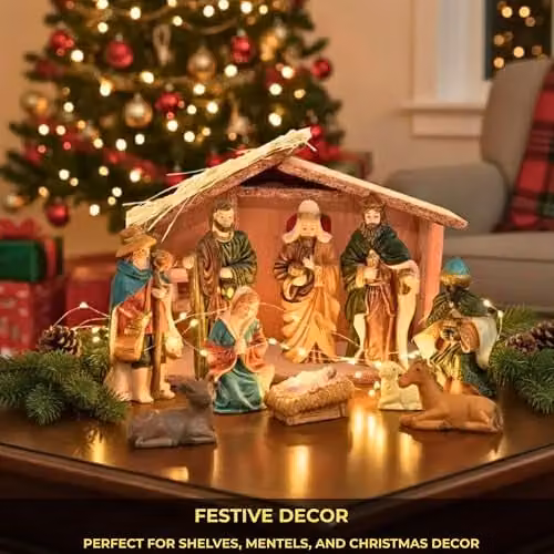 Shatchi Large Handmade Nativity Scene with Wooden Stable and 10-Piece Resin Figurine Set in Brown and Multicolour – 5