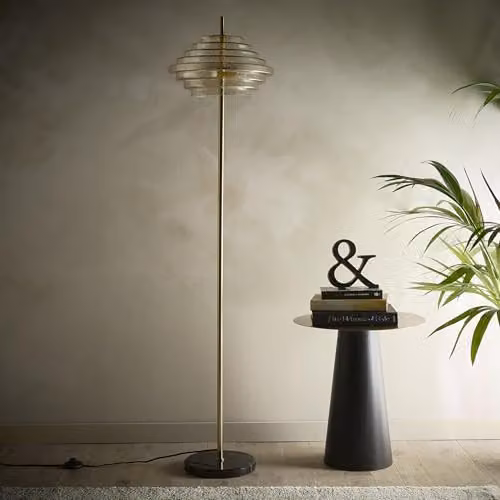 K LIVING Aspen Suspended Pendant Light in Gold/Brass and Amber Transparent Glass with Marble Details