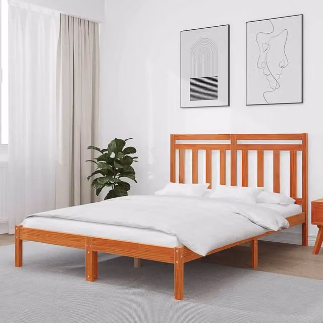 Berkfield Home Solid Pine Wood Bed Frame, Wax Brown, W/D/H: 205.5 x 145.5 x 100 cm
