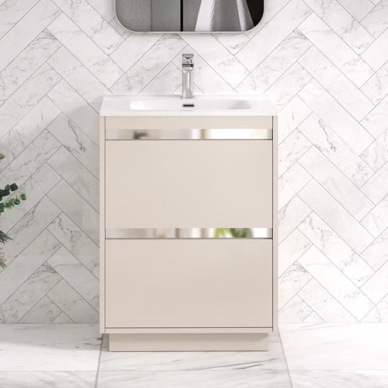 Royal Bathrooms Orion 600mm Warm Taupe 2 Drawer Floor Standing Vanity Unit with Ceramic Basin and Chrome Accent Trim
