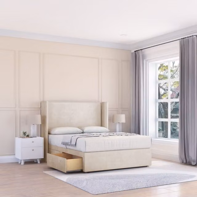 Sloomy Devonshire Plush Wingback Bed Set with 2 Drawers and Floor Standing Headboard in Beige, Super King, W/D/H: 200 x 200 cm