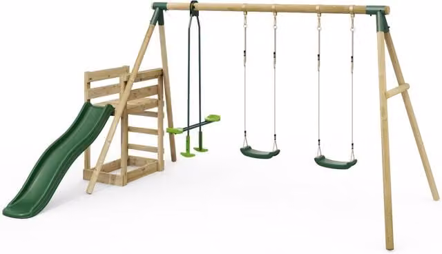 Rebo Neptune Wooden Triple Swing Set with Slide and Glider in Green