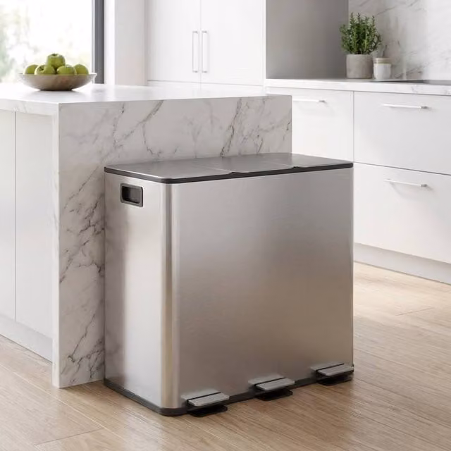 STILVORA 45L Stainless Steel Pedal Bin with 3 Compartments in Silver – 1