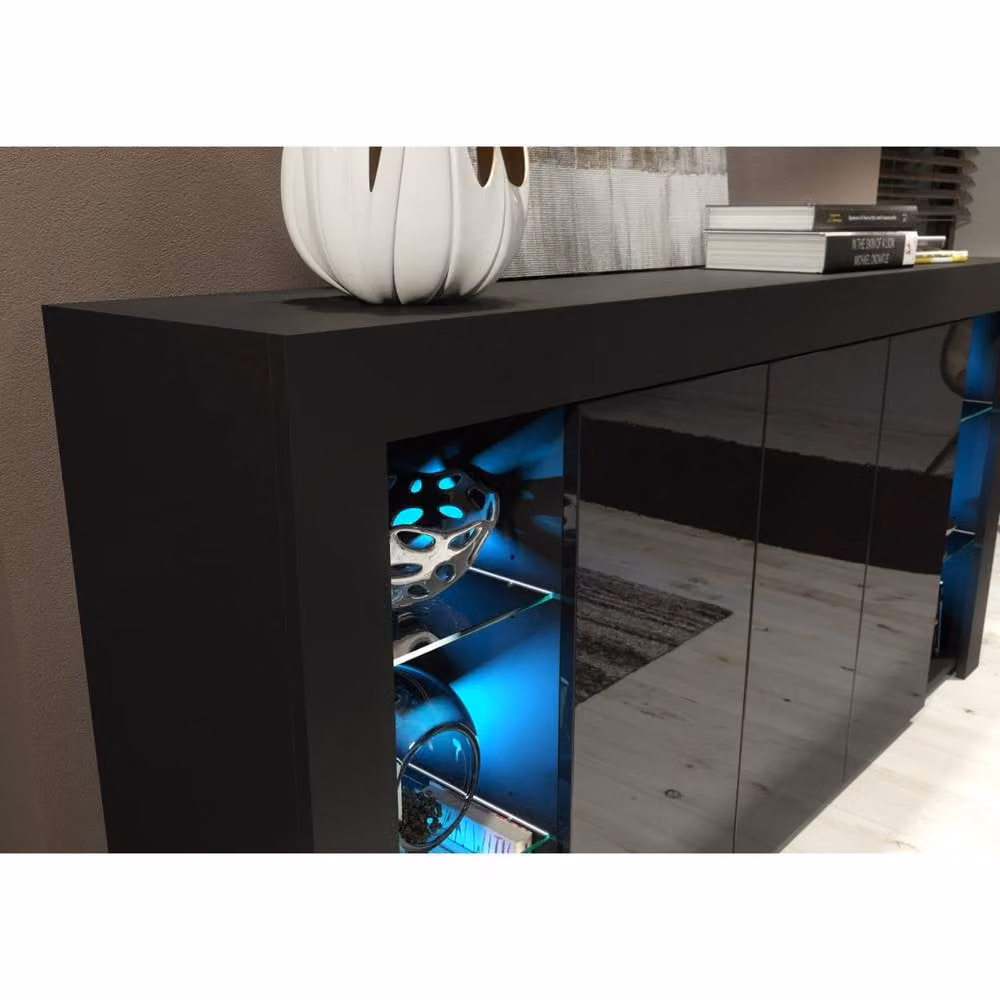 Creative Furniture Eden Sideboard in Black with Glossy Glass Doors and Integrated LED Lighting, W: 164 cm, H: 83 cm, D: 35 cm – 3
