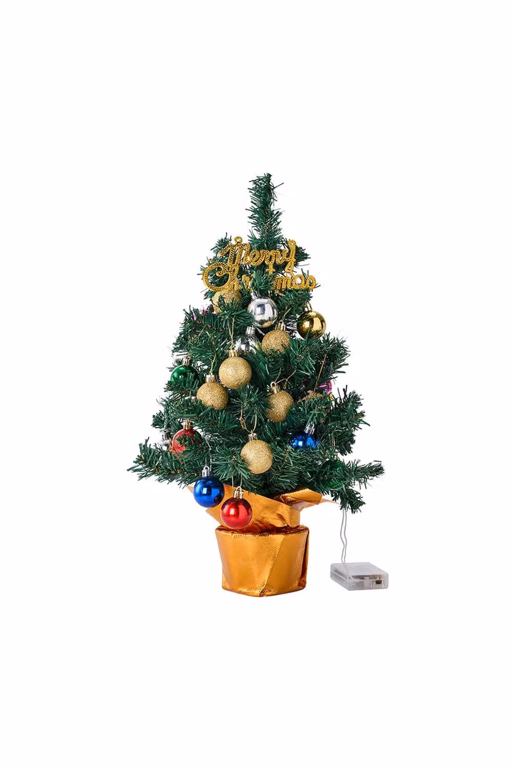 Living and Home Mini Pre-Lit Tabletop Christmas Tree with Merry Christmas Top and Multicolour Baubles in Green, Gold and Brown – 4