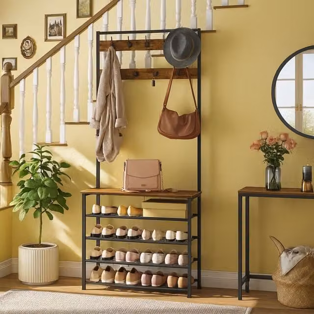 Storvo Industrial Hall Tree with 5 Tier Shoe Bench in Brown, H 190 x W 80 x D 32 cm – 1