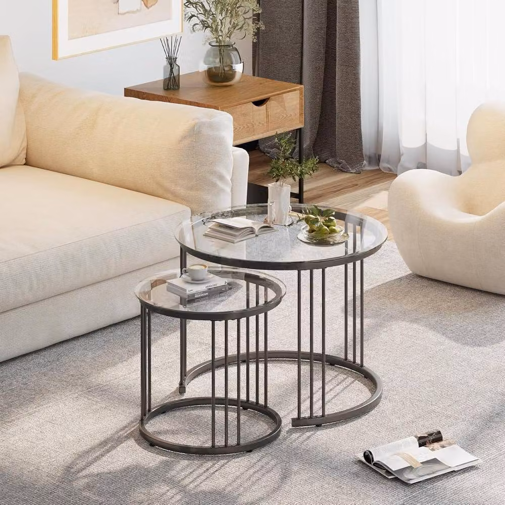 Huhote Elegant Round Nesting Coffee Tables, Set of 2 with Matt Black Metal Frame – 3