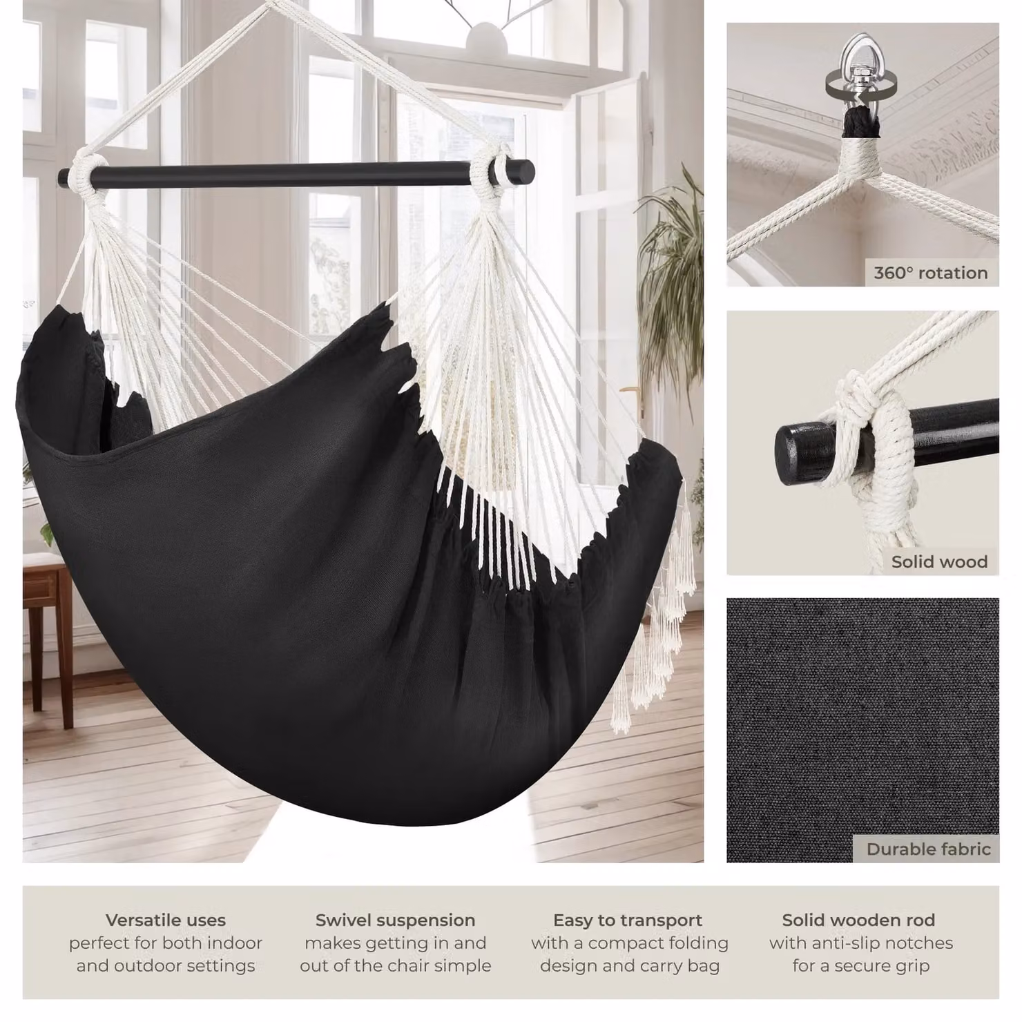 tectake Malika Boho Style Hanging Chair with Stand in Black – 3