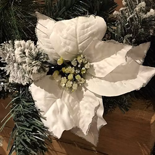 Premier White Poinsettia Christmas Garland with Silver Balls, Glitter and Snow Flocking – 5