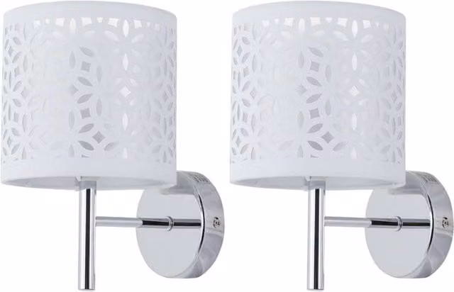 First Choice Lighting Brea Set of 2 Chrome Wall Lights with White Fabric Shades