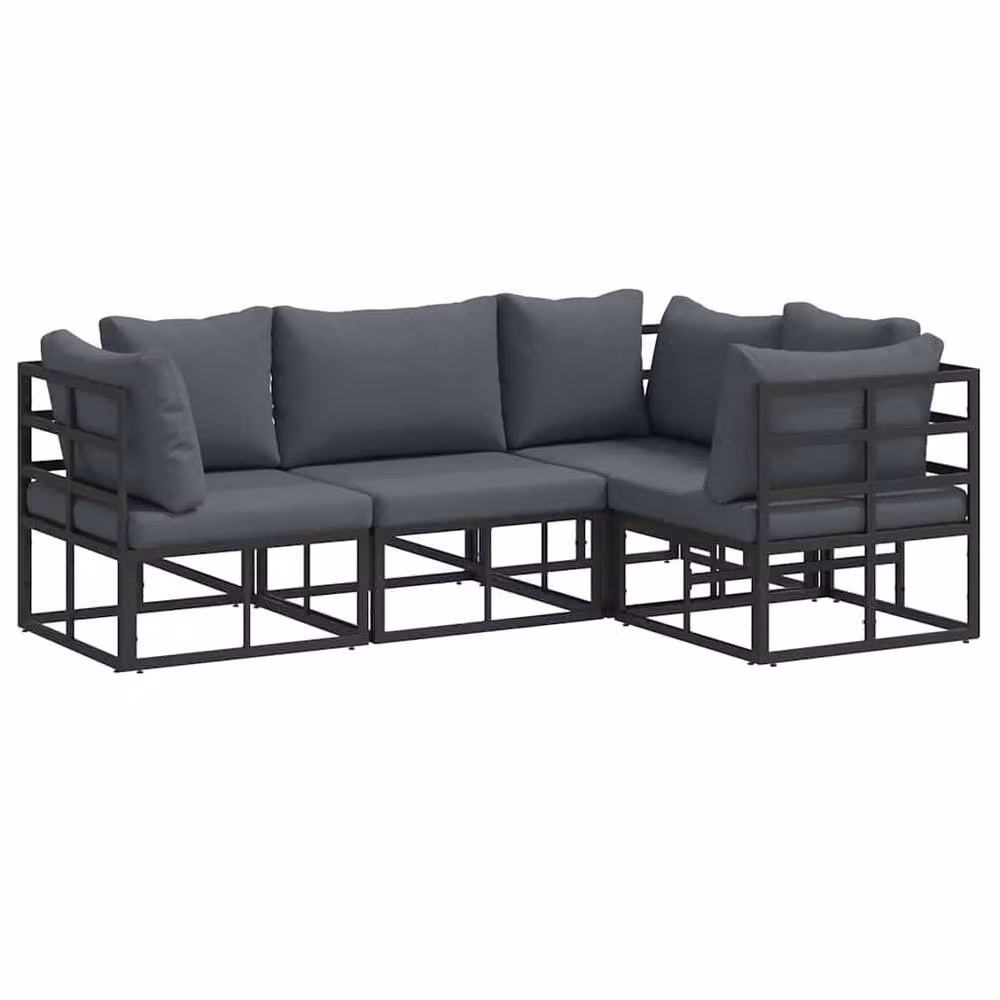 Berkfield Home 4 Piece L-Shape Garden Sofa Set with Grey Upholstered Cushions and Scatter Pillows in Black Powder Coated Aluminium – 2