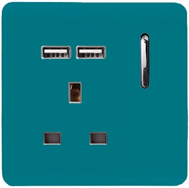 Trendi 1 Gang 13 Amp Switched Plug Socket with 2x2.1mA USB Ports in Bright Teal