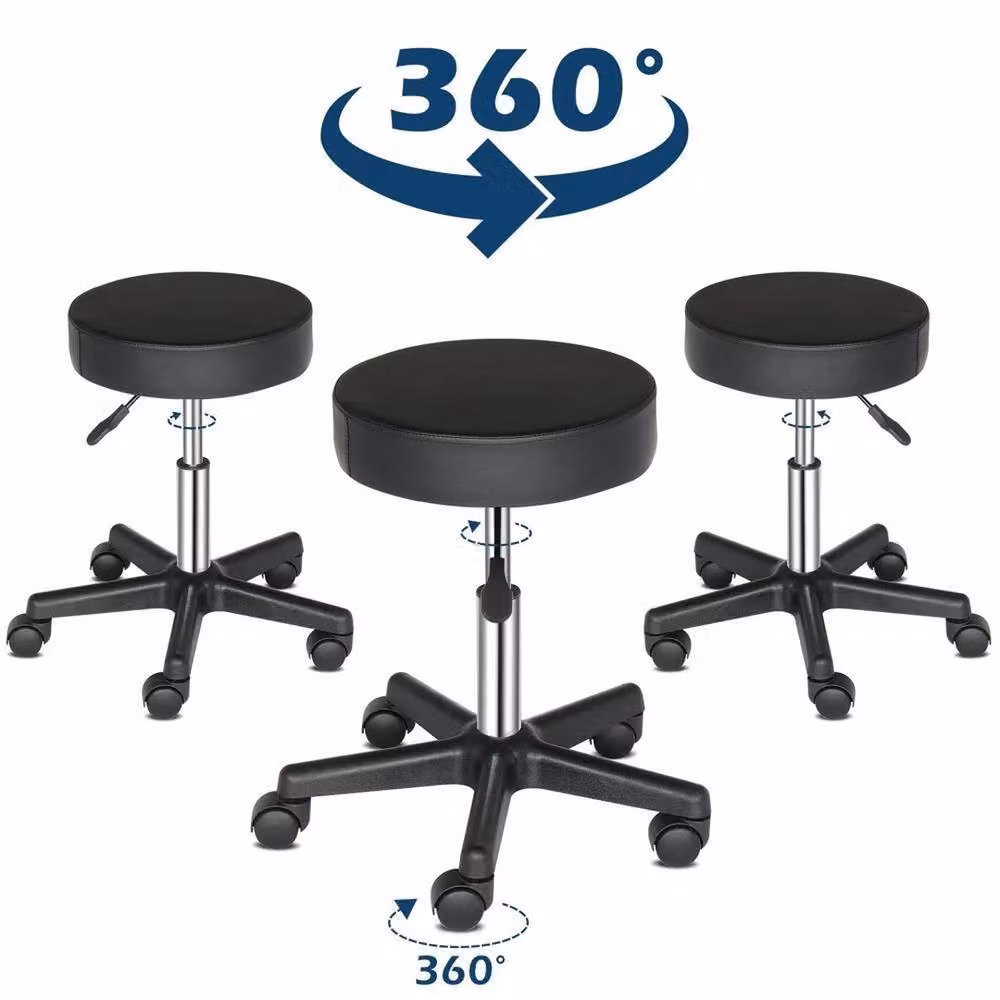 VOGREX Adjustable Rolling Salon Massage Stool in Black with Synthetic Leather and Castors – 2
