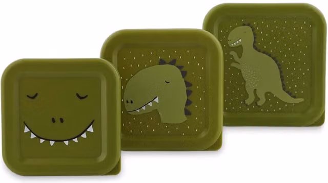 Trixie Mr. Dino Nesting Snackboxes in Green, Stackable and Dishwasher Safe Plastic Snackboxes with Snap Lids – 1